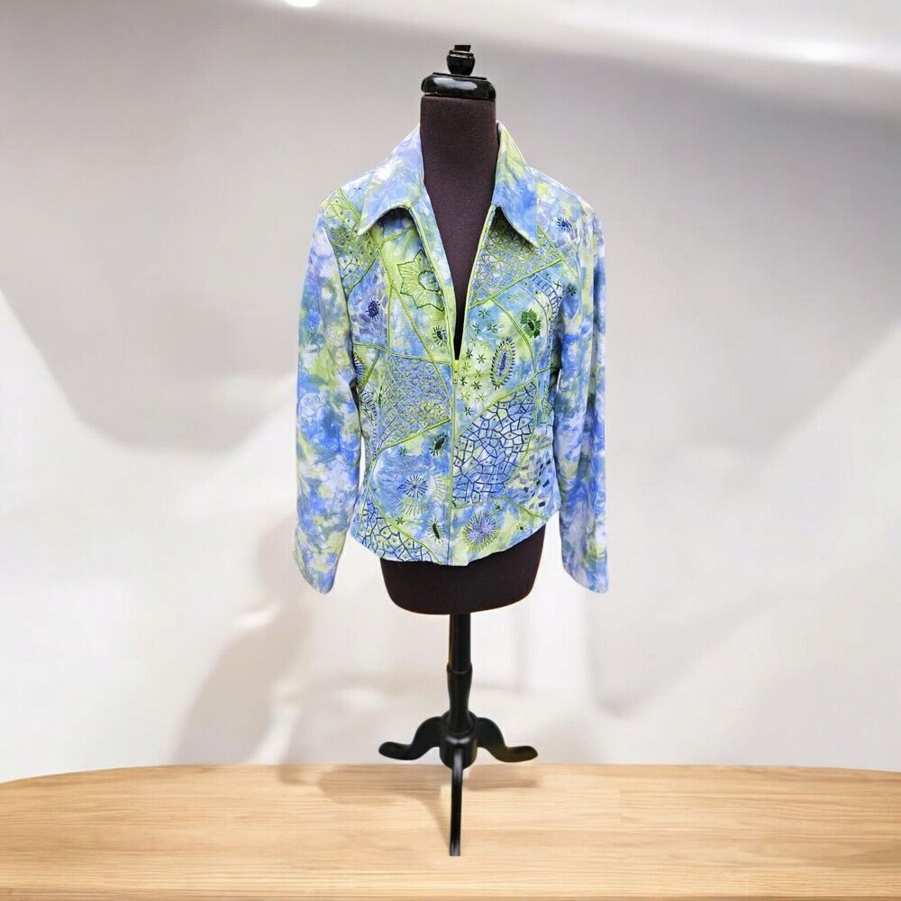 Vtg Anage Blazer Zip Jacket Size M Tie Dye Embroidered Art to Wear Blue Green